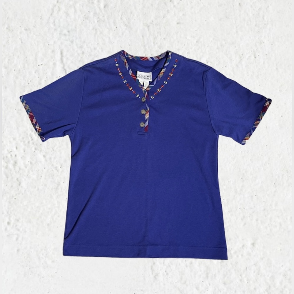 Vintage 80s embroidery floral cute button down petite size blue shirt